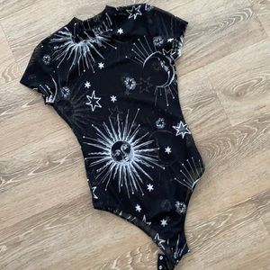 Celestial print mesh short sleeve mock neck bodysuit